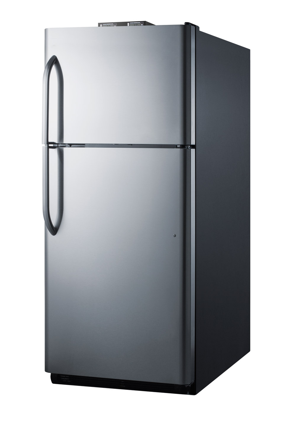 21 cu.ft. break room refrigerator-freezer with stainless steel doors, black cabinet, and NIST calibrated alarm/thermometers